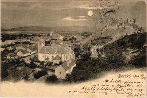 1900 Beckó, Beczkó, Beckov; várrom és templom este / castle ruins and church at night