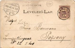 1900 Sásony, Windten, Winden am See; Kirche u. Windmühle, Obere Gasse / látkép, templom, szélmalom, ...