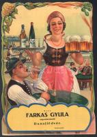 cca 1930 Farkas Gyula dunaföldvári vegyeskereskedő újévi, sör-bor-kocsma art deco stílusú naptártartó reklámja, olajnyomat, dombornyomott, szignózott, szép állapotban, 34×24 cm