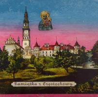 cca 1900 Czestochowai emlék, a lengyelországi szent kegyhely üveg képe, fa keretben, 12×16 cm
