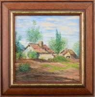 Pataky Tamás (1951): Házak. Olaj, farost. jelzett, Dekoratív fa keretben. 18x18 cm