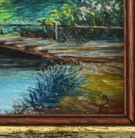 Pataky Tamás (1951): Híd a patakon. Olaj, farost. jelzett, Dekoratív fa keretben. 16x16 cm