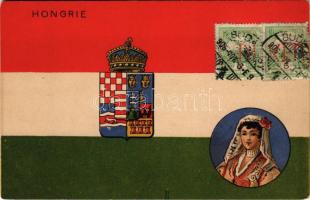 Hongrie / Magyar Királyság középcímere, magyar zászló / Kingdom of Hungary, Hungarian flag and coat of arms, including coat of arms of the Lands of the Crown of Saint Stephen (Croatia, Dalmatia, Slavonia, Bosnia, Fiume, Transylvania). litho