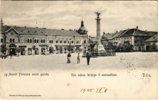 1905 Dés, Dej; Város látképe 9 sorozatban IV., Szent Ferenc rendi palota, tér, népbank, Thuróczy Kálmán, Behán Ágoston és Bakó Mihály üzlete. Teleky és Pintye kiadása / square, shops (EK)