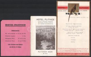 1930 A horvátországi Plitvicében levő Hotel Pitvice szálloda ismertető füzete, szobaárak, kiöltött számla és dekortí étlap kártya, 4 db dokumentum, jó állapotban