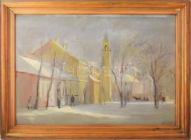 Kristófi János (1925-2014): Téli Nagyvárad. Olaj, karton, jjl.: Kristófi. 50x70 cm. Hátoldalán román kiviteli bélyegzővel. Fakeretben