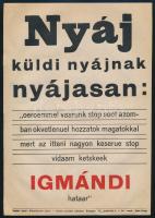 cca 1930 "Nyáj küldi nyájnak nyájasan: ...", Schmidthauer-féle Igmándi keserűvíz reklám-, villamosplakát, Bp., Globus-ny., 24x17 cm