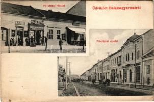 1912 Balassagyarmat, Fő utca, cukrászda, Pálya József üzlete, Halyák István könyvnyomdája és saját kiadása + "B.GYARMAT - ESZTERGOM-NÁNA 85. SZ." vasúti mozgóposta bélyegző (EK)