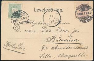 1898 Képeslap 2kr + 3kr bélyeggel Hollandiába TEMESVÁR / KÉZBESÍTŐ HIVATAL