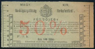 1912 Herkulesfürdői fürdő belépőjegy, ára 50 fillér, 50%-os kedvezménnyel