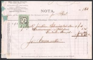 1870-1878 Nota Budapestről Kremnitzbe 1kr okmánybélyeggel, nyugtatvány 7kr bélyeggel + keresetlevél 5+7kr bélyegekkel