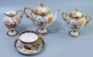 cca 1900 Noritake japán porcelán csésze alátéttel, cukortartó, tejkiöntő, kiöntő. Jelzett, kopással, egyik fedél sérült, m: 15,5 cm alatt