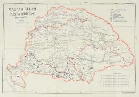 1943 Magyar állam postatérképe 1750-1850 (rajta jelölve az 1942-ig visszacsatolt területek is), 1 : 1.500.000, M. Kir. Honvéd Térképészeti Intézet, jó állapotban, 72,5x51,5 cm