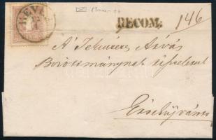 1860 Ajánlott levél 2 x 10kr bérmentesítéssel + félig letépett piros Andráskereszttel (1 bélyeg hajtott) / Registered cover with 2 x 10kr franking + Andrew's cross piece "HEVES" (1 stamp folded)