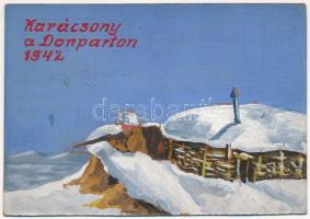 1942 Karácsony a Don parton. Második világháborús magyar tábori posta, saját kézzel festett üdvözlet / WWII Hungarian military field post, hand-painted Christmas greeting (15 x 10,5 cm)