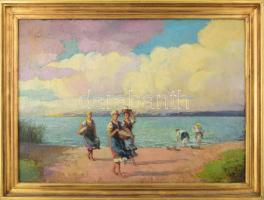 Ott Zoltán (1881-?): Nagymosás a Balaton partján. Olaj, vászon. Jelezve jobbra lent. 50x70 cm. Dekoratív fakeretben. / oil on canvas, signed, framed