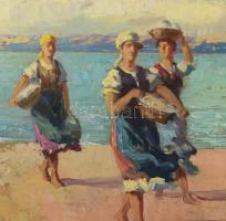 Ott Zoltán (1881-?): Nagymosás a Balaton partján. Olaj, vászon. Jelezve jobbra lent. 50x70 cm. Dekor...