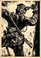 1941 Männer der Waffen SS "Handgranatenwerfer". Küsten Verlag Feldpost, Holzschnitt / Második világháborús német náci katonai fametszet / WWII German Nazi military woodcut s: Prof. Wilh. Petersen (EK) + 'Kir. Kassai VIII. Honvéd Hadtest 1. sz. Gazd. Hiv."