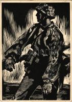 1942 Männer der Waffen SS "Nach dem Gefecht". Küsten Verlag Feldpost, Holzschnitt / Második világháborús német náci katonai fametszet / WWII German Nazi military woodcut s: Prof. Wilh. Petersen (EK)