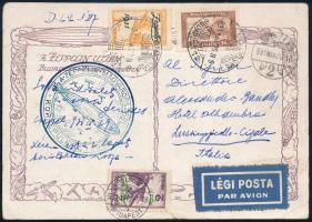 1931 Zeppelin magyarországi körrepülés képeslap mindkét Zeppelin bélyeggel, debreceni ledobással Olaszországba címezve / Zeppelin round flight postcard with both Zeppelin stamps to Italy