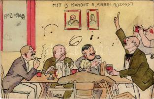 Mit is mondott a kabai asszony? Humoros művészlap részeg férfiakkal. Aczél Henrik kiadása (Debrecen) / Hungarian art postcard, drunk men humour s: Lurja (EB)