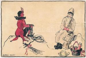 1922 Krampusz és Mikulás. Kézzel rajzolt egyedi művészlap / Krampus and Saint Nicholas. Hand-drawn art postcard s: Szöszi (vágott / cut)