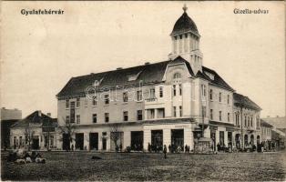 1916 Gyulafehérvár, Alba Iulia; Gizella udvar, Városi vendéglő, Schlesinger Testvérek, Fuchs Nándor, Gelb Fülöp üzlete, piac. Weisz Bernát kiadása / shops, restaurant (EK)