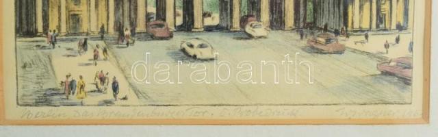 Wagner jelzéssel: Berlin, brandenburgi kapu, (1960-as évek eleje). Színezett rézkarc, papír. Üvegeze...