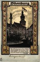 1923 Sopron, Ödenburg; Szentháromság szobor, városház német zászlóval. Népszavazás emlékére / Deutschen Farben, deutscher Herzen. Art Nouveau, Verlagsabteilung der Südmark Karte Nr. 3.,  1921 Sopron plebiscite (EB)