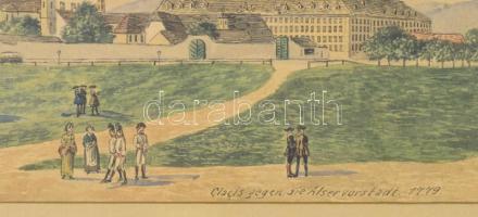 Olvashatatlan jelzéssel: Ansicht vom Glacis gegen die Alservorstadt (Bécs, katonák gyülekezője). Akv...