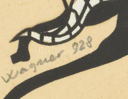 Art deco hölgy portréja macskával, 1928. Kollázs, selyem, papír. Wagner jelzéssel. Üvegezett, kissé ...