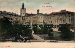 Lviv, Lwów, Lemberg; Plac Maryacki / square, pharmacy, horse-drawn carriage, shops of M. Jakubowski, K. Frydman (EK)