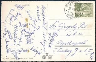 1954.VI.26. Az Aranycsapat tagjai által aláírt képeslap a svájci világbajnokságról, rajta: Puskás Ferenc, Buzánszky Jenő, Kocsis Sándor, Hidegkuti Nándor, Loránt Gyula, Czibor Zoltán, Gulyás Géza, Machos Ferenc, Gellér Sándor, Szojka Ferenc, Csordás Lajos és más játékosok autográf aláírásaival (össz. 17 db aláírás.) / Autograph signed poscard of the Hungarian national football team (Golden Team) from the 1954 FIFA World Cup in Switzerland, with signatures of Puskás and other players (17 in total)