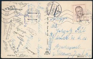 1954 a Csepel Vasas labdarúgóinak aláírásai levelezőlapon: Tóth II., Kónya, Béres, Nagy II. Rátkai, stb / autograph signatures of the players of Hungarian football team Vasas Csepel