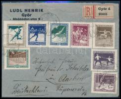 1925 Sport sor ajánlott levélen + 3 érték a hátoldalon, Aachenbe küldve, "GYŐR"