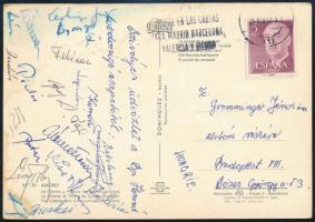 1951 A Honvéd labdarúgóinak aláírásai levelezőlapon: Babolcsay, Tajti, Komor, Pintér, Dudás, Lévay, Bicskei, stb. / Autograph signatures of Hungarian football team players Honvéd