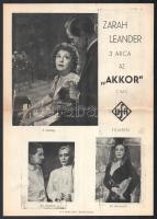 cca 1943 Akkor c. német film (Zarah Leander) és Kristina Söderbaum otthonában képes ismertetője, kétoldalas reklámlap, UFA Film, középen hajtott, 30x21 cm