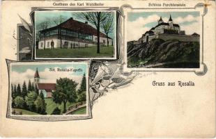 1907 Fraknó, Forchtenstein; vár, Karl Wutzlhofer vendéglője, Rozália kápolna / Schloss, Gasthaus, Sct. Rosalia Kapelle / castle, restaurant, chapel. Art Nouveau, floral (Rb)