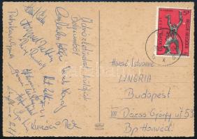 ca 1980 Magyar kajak kenusok aláírása Belgiumból hazaküldött képeslapon Petrikovics, Ring Rudolf, Veréb, Galambos, Kunóczi, stb, / Autograph signatures of Hungarian kayak-kenu team members