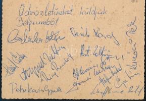 ca 1980 Magyar kajak kenusok aláírása Belgiumból hazaküldött képeslapon Petrikovics, Ring Rudolf, Ve...
