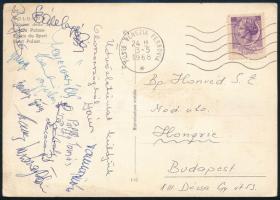 1968 Magyar kosárlabda csapat tagjainak aláírása Olaszországból hazaküldött képeslapon Pálffy, Teremesvári, Baranyi, Koczicza, Rácz János, stb, / Autograph signatures of Hungarian basketball team members