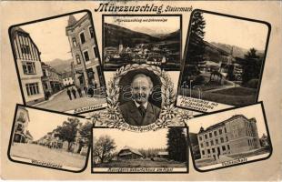 1908 Mürzzuschlag (Steiermark), Bahnstrasse, Schneealpe, Heilandskirche, Wienerstrasse, Rosegger's Geburtshaus am Alpel, Volksschule / street view, church, school, birthplace of Peter Rosegger. Art Nouveau, floral (fa)