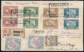 1924. jun. 10 Arató, Madonna és Ikarusz bélyegekkel bérmentesített légi levél Budapest- Wien légi irányító bélyegzéssel Lipcsébe / Airmail cover to Leipzig