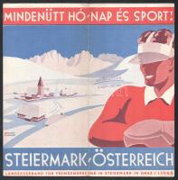 cca 1930 Mindenütt hó, nap és sport, Steiermark (Stájerország), képekkel és térképpel illusztrált osztrák turisztikai prospektus, magyar nyelven, borítón Ida Penecke- Buxbaum (1896-1960) rajzával és Magyarság Utazási osztály bélyegzéssel/ travel brochure