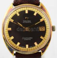 Omega Seamaster Cosmic automatic automata férfi karóra, 1968. cal 565 35x39 mm aranyozott acél tokkal, eredeti koronával, eredeti bőr szíjjal. Működőképes /  Omega Seamaster Cosmic Date Cal.565 Automatic Men's Watch Ref.166.026