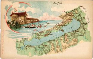 Siófok, Balaton térkép, fürdő. Károlyi Gy. kiadása, litho (b)