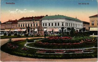 1917 Szabadka, Subotica; Szt. István tér, Tumbász Ferenc és Sugár Béla üzlete. Vasúti levelezőlaőárusítás 112. 1916. / square, shops