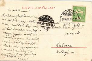 Újvidék, Novi Sad; Római katolikus templom, Regényi István üzlete, piac / church, shop, market (fl)