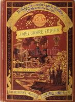 Julius Verne: Zwei Jahre Ferien. [Két év vakáció.] Bekannte und unbekannte Welten. Abenteuerliche Reisen von Julius Verne Band LIV-LV. Wien - Pest - Leipzig, 1889., A. Hartleben,(Wien, Friedrich Japer-ny.), 439+1 p. Német nyelven. Rendkívül gazdag fametszetű képanyaggal illusztrált. Kiadói dúsan aranyozott, festett, illusztrált egészvászon-kötés, márványozott lapélekkel, kopott borítóval, sérült gerinccel, egy lapon javítással, magángyűjteményi bélyegzéssel. Ritka!