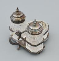 Elkington & Co. só-bors-fűszer kínáló, eredeti csiszolt üvegekkel, fém szerelékben, jelzett, 10x...